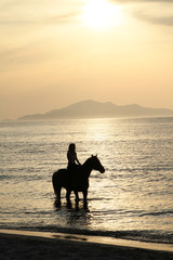 The woman on a horse and a gold sunset
