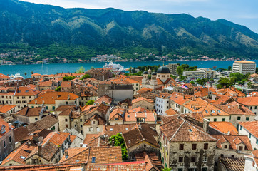 Naklejka na ściany i meble Top view on Kotor city and bay