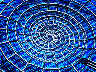 Abstract 3d spiral shell from a blue grid