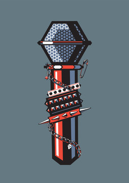 Rock Microphone.Microphone with studded bracelets, metal chain and other rock 
jewelry. Design template for posters and banners.