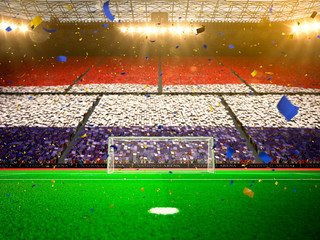 Flag Netherlands  of fans! Evening stadium arena soccer field championship win! Confetti and tinsel   © A ST