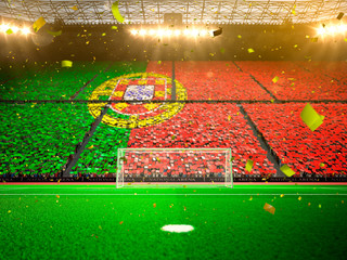 Naklejka premium Flag Portugal of fans! Evening stadium arena soccer field championship win! Confetti and tinsel 