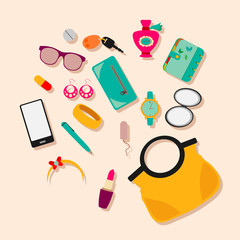 composition female bag with accessories on a cream background