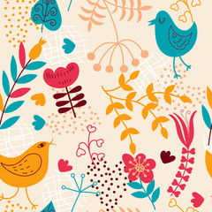 Seamless pattern with  birds and flowers