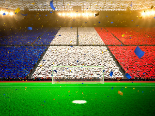 Obraz premium Flag france of fans! Evening stadium arena soccer field championship win! Confetti and tinsel 