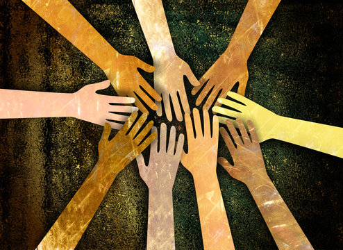 A grunge textured digital illustration of a group of diverse hands reaching together in unity and support.