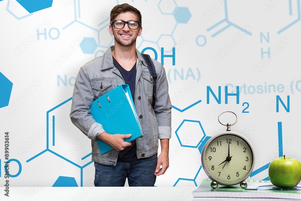 Poster composite image of student smiling at camera in library