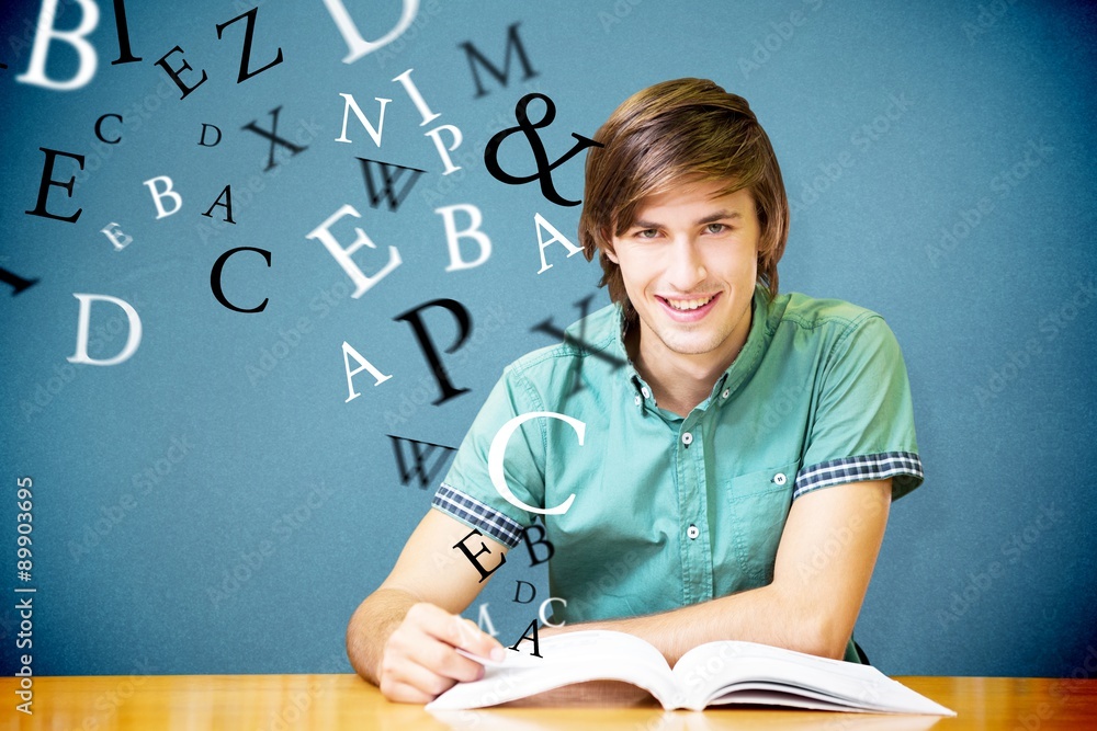 Poster composite image of student sitting in library reading