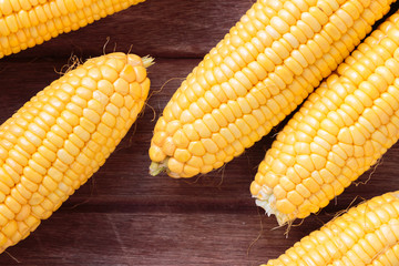 Fresh sweet corn on wooden background