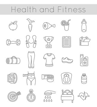 Modern flat linear vector icons of healthy lifestyle, fitness and physical activity. Diet, exercising in a gym, training equipment and clothing. Thin line wellness icons for website, apps, advertising