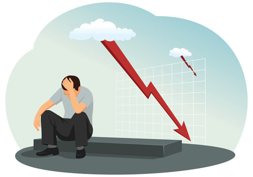 Desperate businessman is sitting on the ground. A lightning bolt as a falling graph on the background.