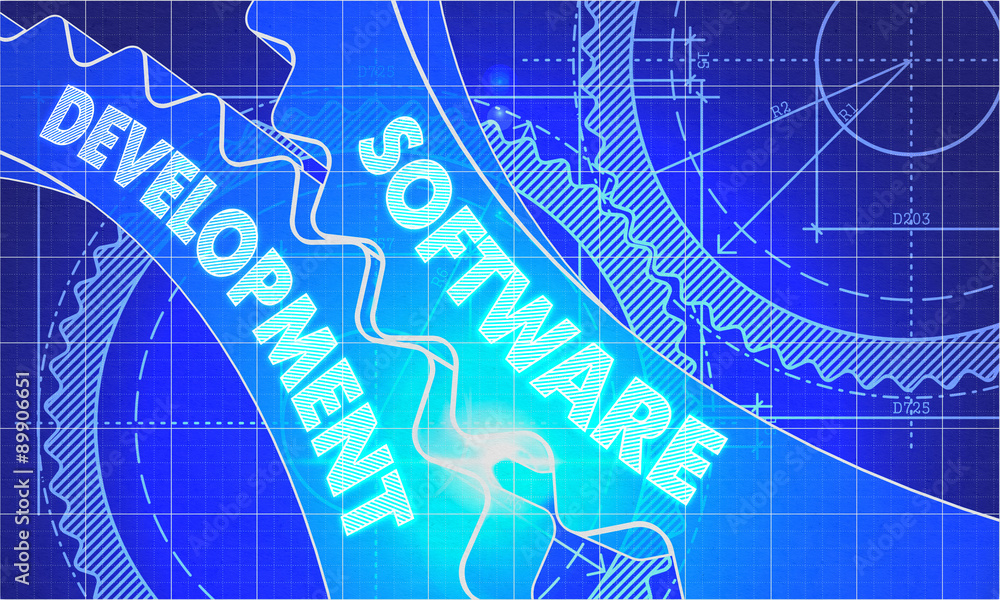 Poster software development concept. blueprint of gears.