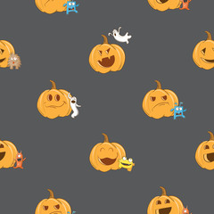 Vector seamless pattern to a Halloween with monsters, ghosts and pumpkins against a dark background.