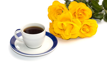 cup of coffee on a saucer and a bouquet of yellow roses, the isolated image