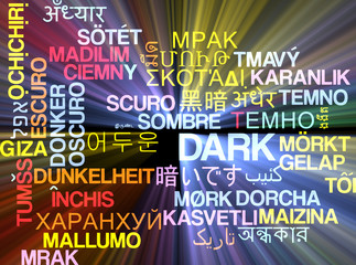 Dark multilanguage wordcloud background concept glowing