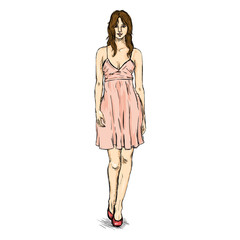 Vector Sketch Fashion Female Model in Dress