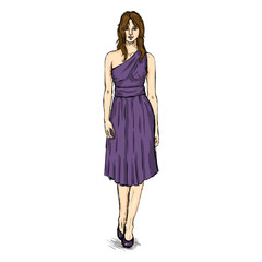Vector Sketch Fashion Female Model in Dress