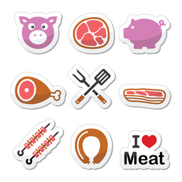 Pig, pork meat - ham and bacon labels icons set