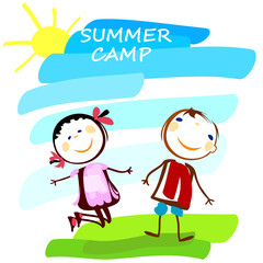 summer camp poster with happy boy and girl