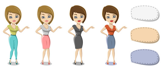 girl points on different plates. Vector illustrtion.