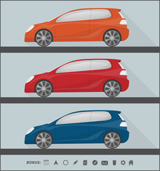 set of three colorful isolated cars in flat style