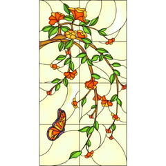 Flowers and butterfly, stained glass - obrazy, fototapety, plakaty