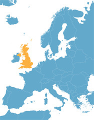 blue Europe vector map with indication of United Kingdom