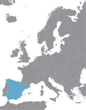 grey Europe vector map with indication of Spain