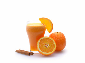 Citrus juice and fruits on white background