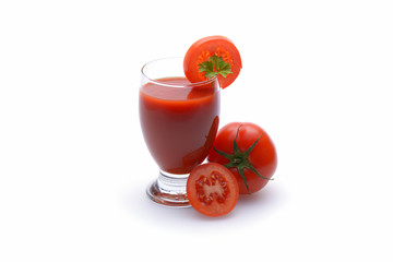 Fresh tomato juice on white background