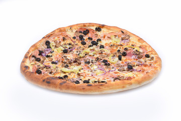 Pizza with ham, onion and olives