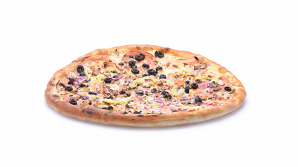 Pizza with ham, onion and olives