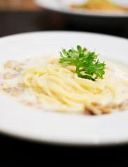 spaghetti ham and mushroom,selective focus point