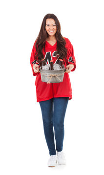 Football: Woman Holds Iced Bucket Of Beer