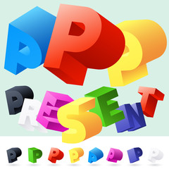 Vector 3D font of randomly rotated colourful letters. All letters in alphabet have 8 random points of view. Letter P