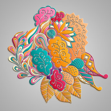 Mehndi 3d imitation design. Paisley, winding stem, spiral, lorus