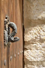 Old door with an animalistic wrought handle