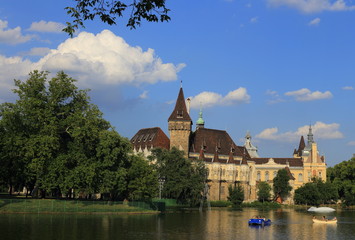 Fototapeta premium Vajdahunyad castle view from lakeside. Budapest, Hungary 