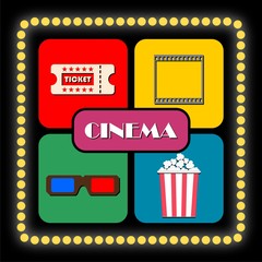 Ticket, film, glasses, popcorn Cinema on black background with lights