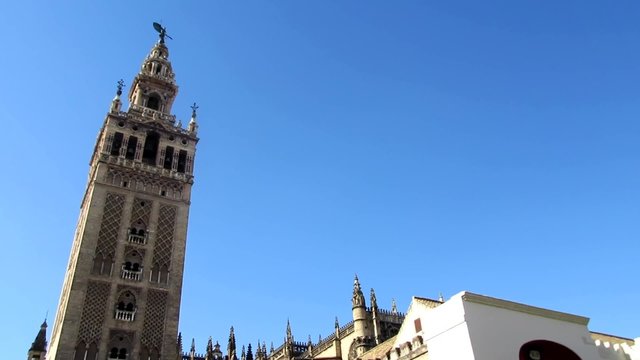 Panoramic view of the Cathedral of Seville with the Giralda in Seville, Spain