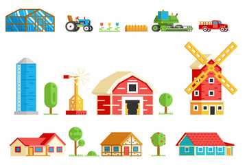 Farm Village Rural Buildings Machinery Trees Icons Set Vector