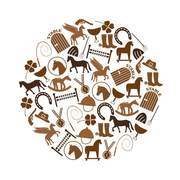 Brown Simple Horse Theme Icons Set In Circle Eps10