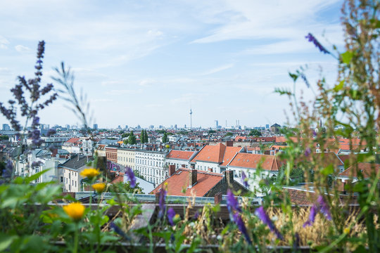 Blick über Berlin-Neukölln in Richtung Mitte mit Fernsehturm. 