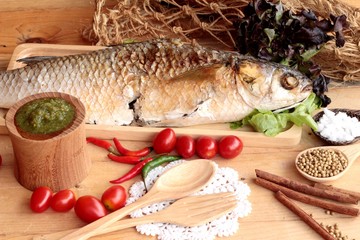 Grilled fish of salt with spicy sauce delicious.