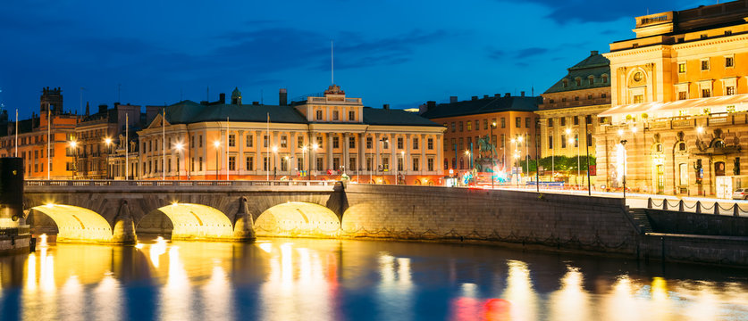 Night View Of Illuminated Old Norrbro Bridge in Stockholm, Swede