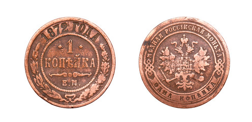 Old russian coin of 1 cent (kopec). 1872 year