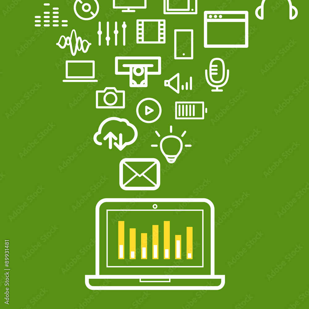 Poster modern computer media illustration with different icons
