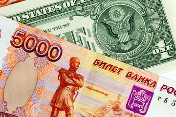 The US dollar and Russian five thousand rubles, background