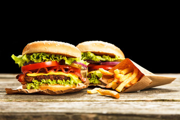 Delicious hamburger and fries