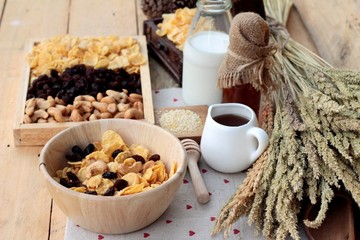Corn flake with currant dried fruit ,cashew nuts and milk.